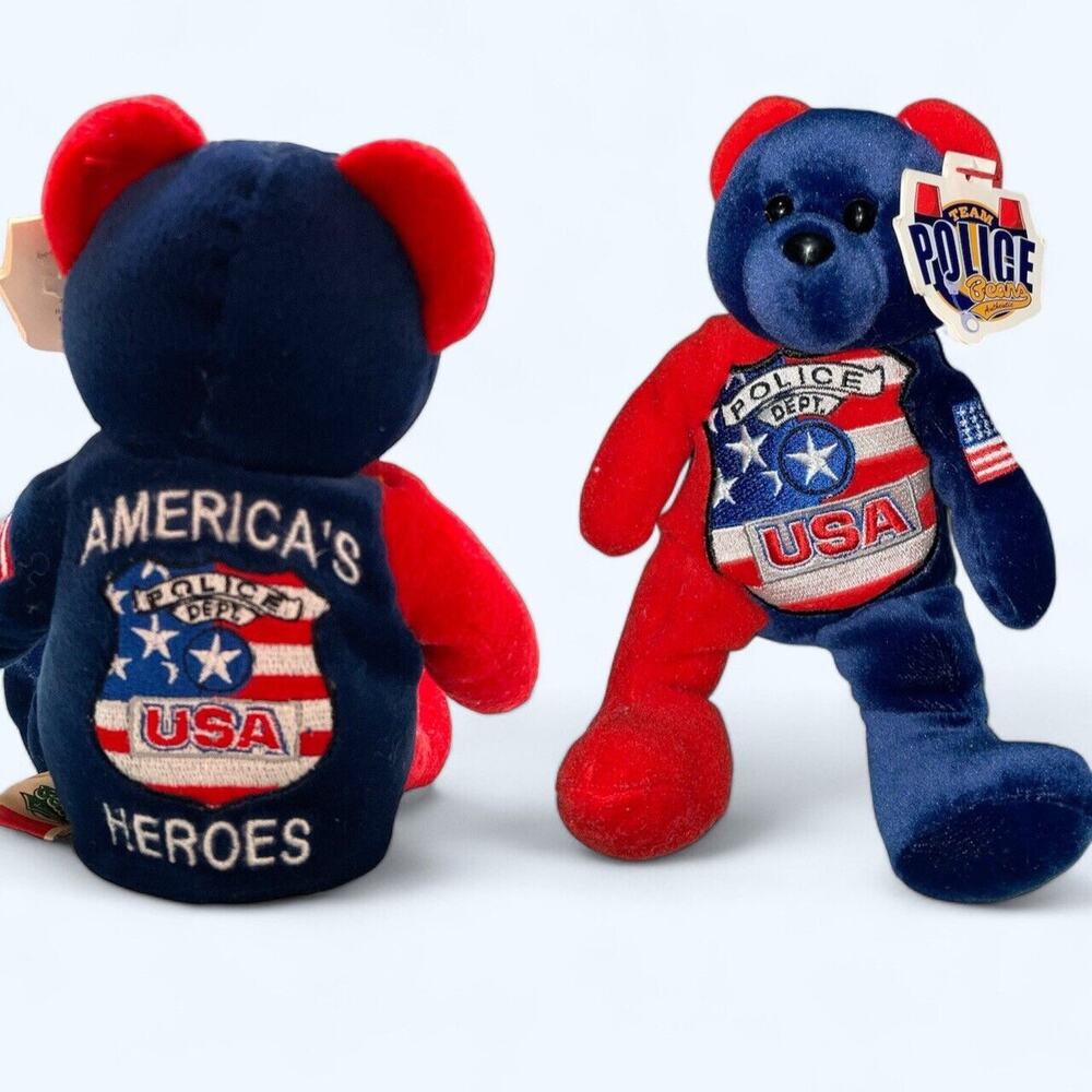 New Team Police Bear Plush Blue Red Embroidery Badge USA Vintage Toy 8”